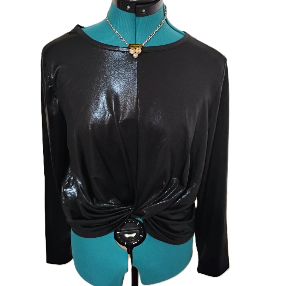 Love More Black Shinny Crop Gathered Front Blouse Size Medium